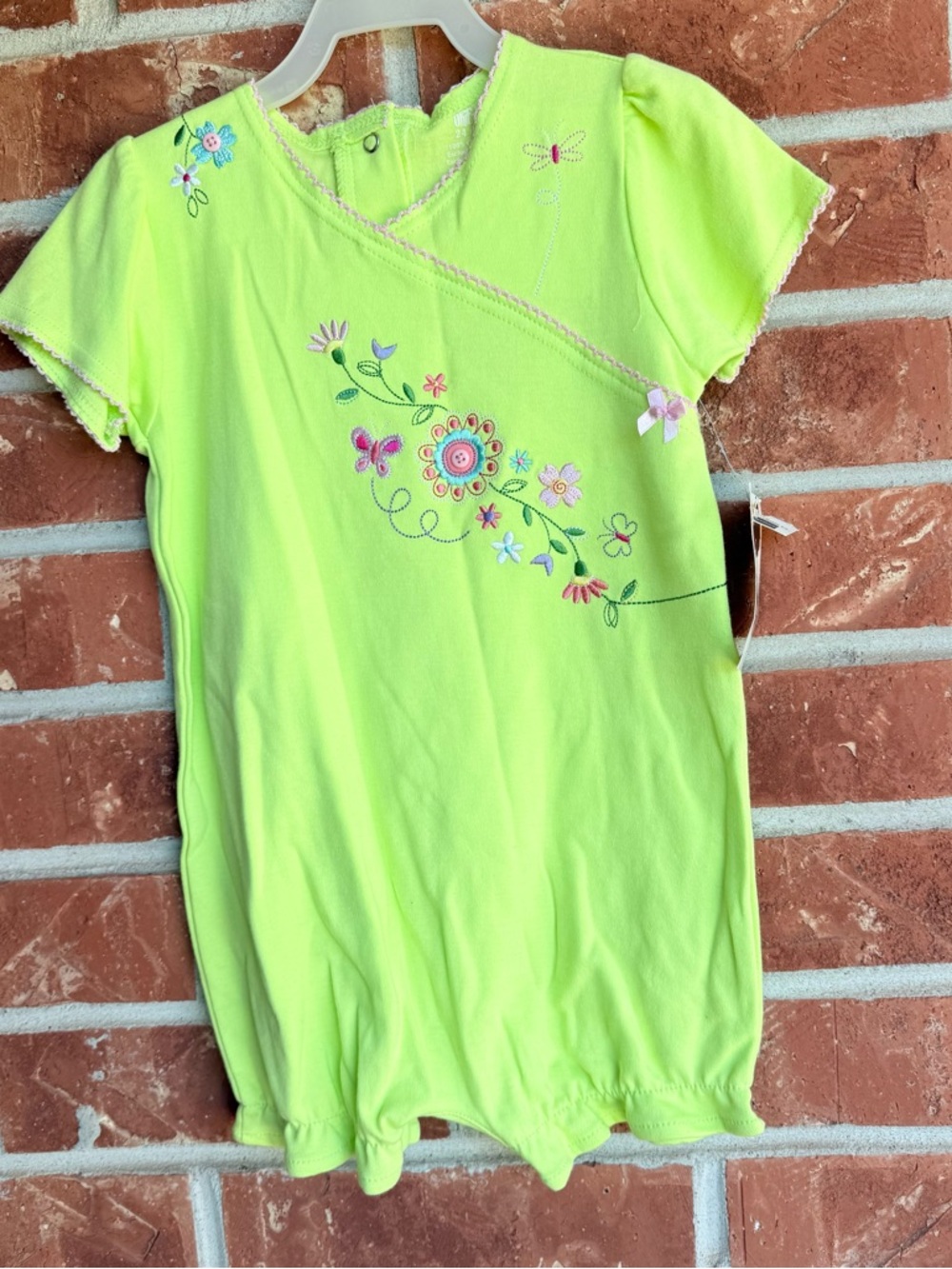 Vintage Okie dokie Green baby girl romper with floral embroidery size 24 months.